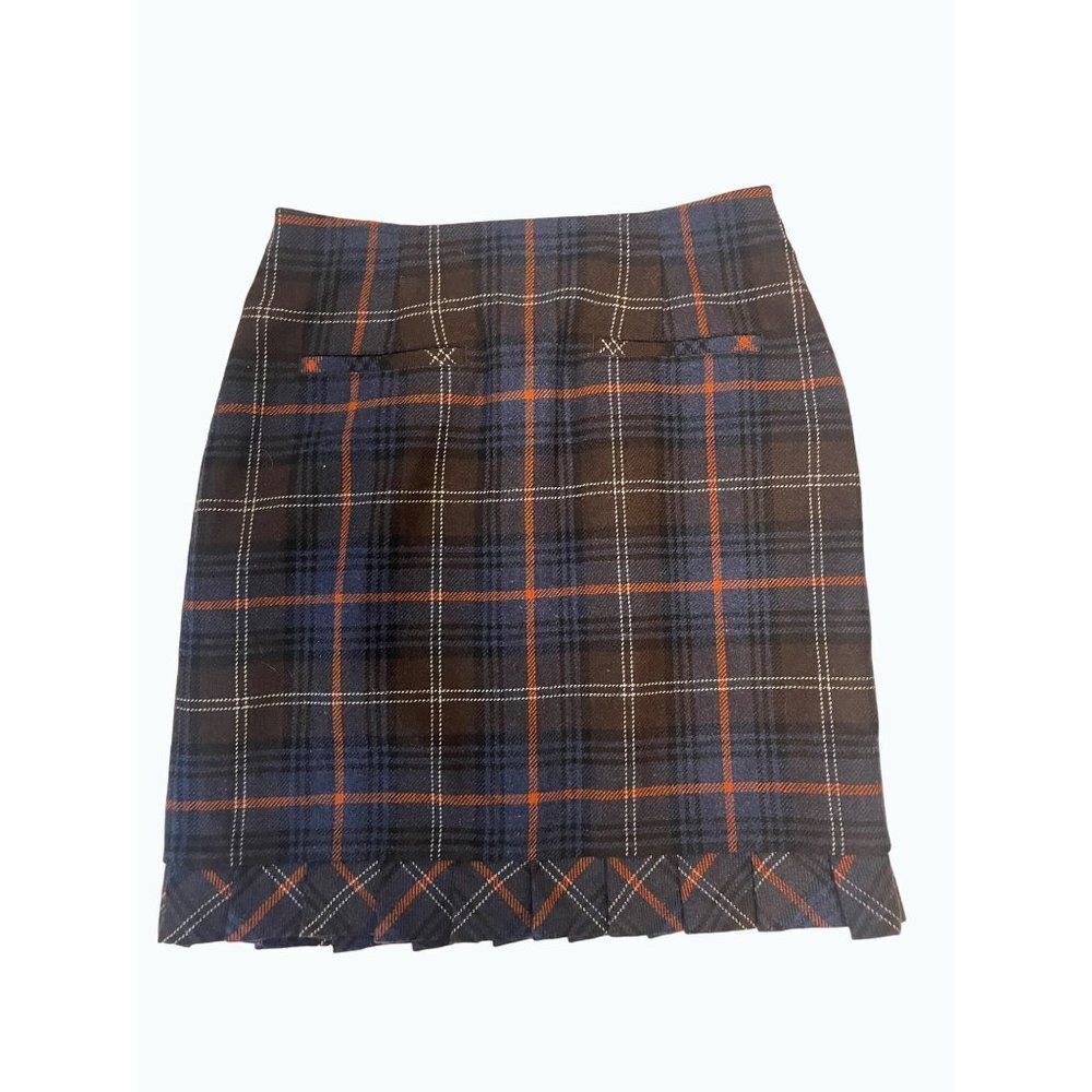 CAbi Chilly Chantilly Brown and Blue Plaid Mini Skirt - fully lined
